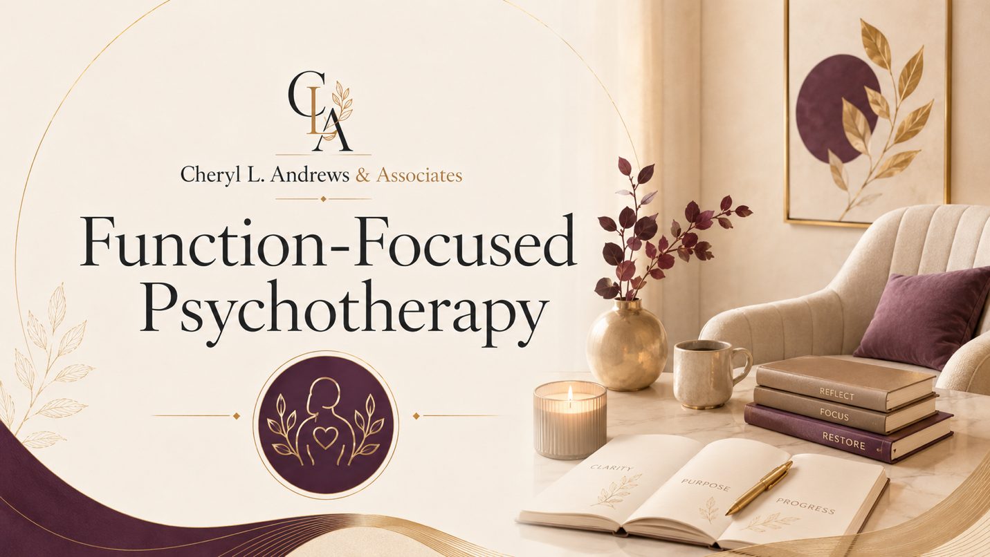 Function-Focused Psychotherapy — Cheryl L. Andrews & Associates brand banner with a calm cream and plum reading corner