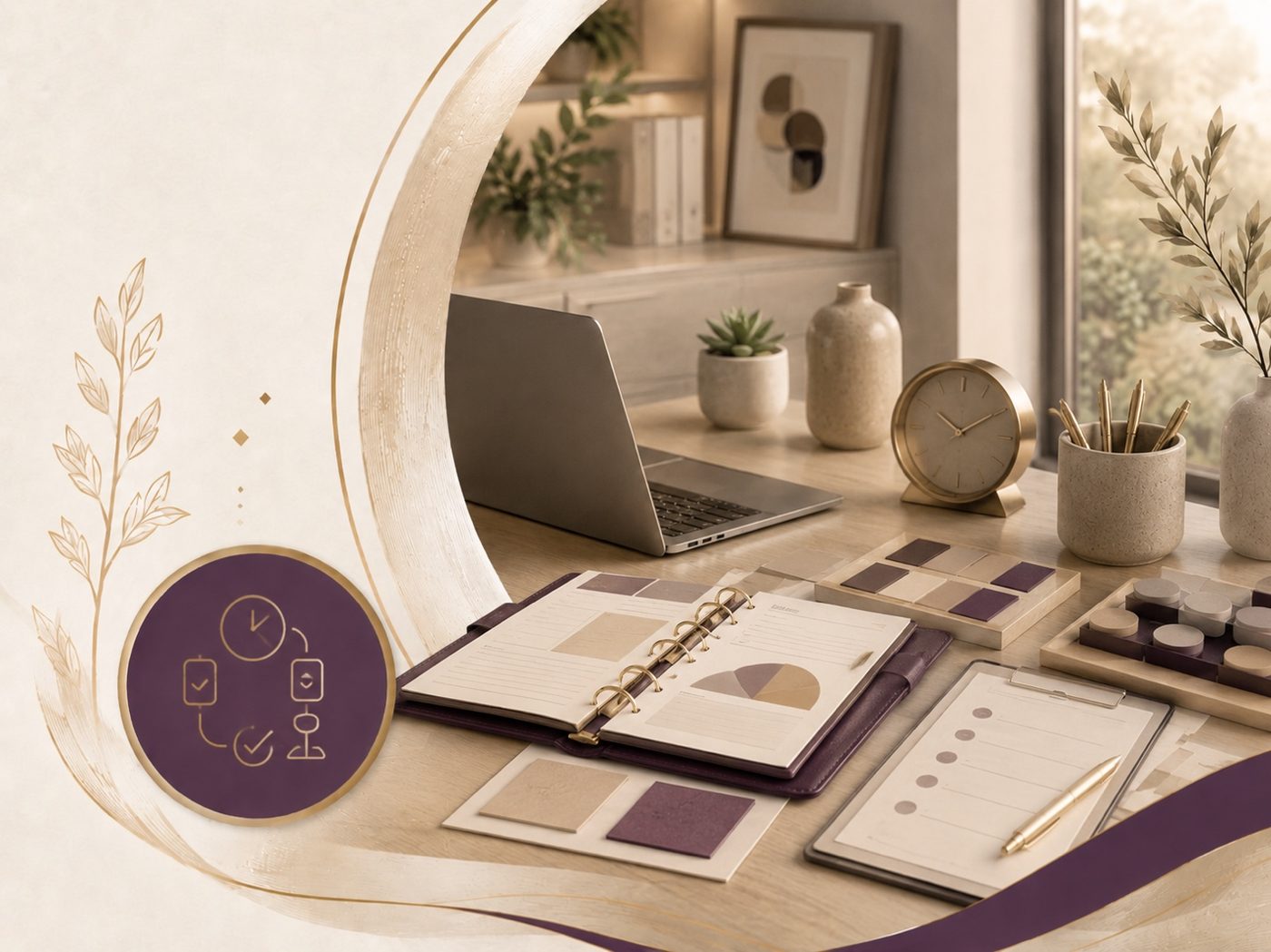 Workplace Function Consultation track art: planner, checklists, and scheduling tools in plum and gold